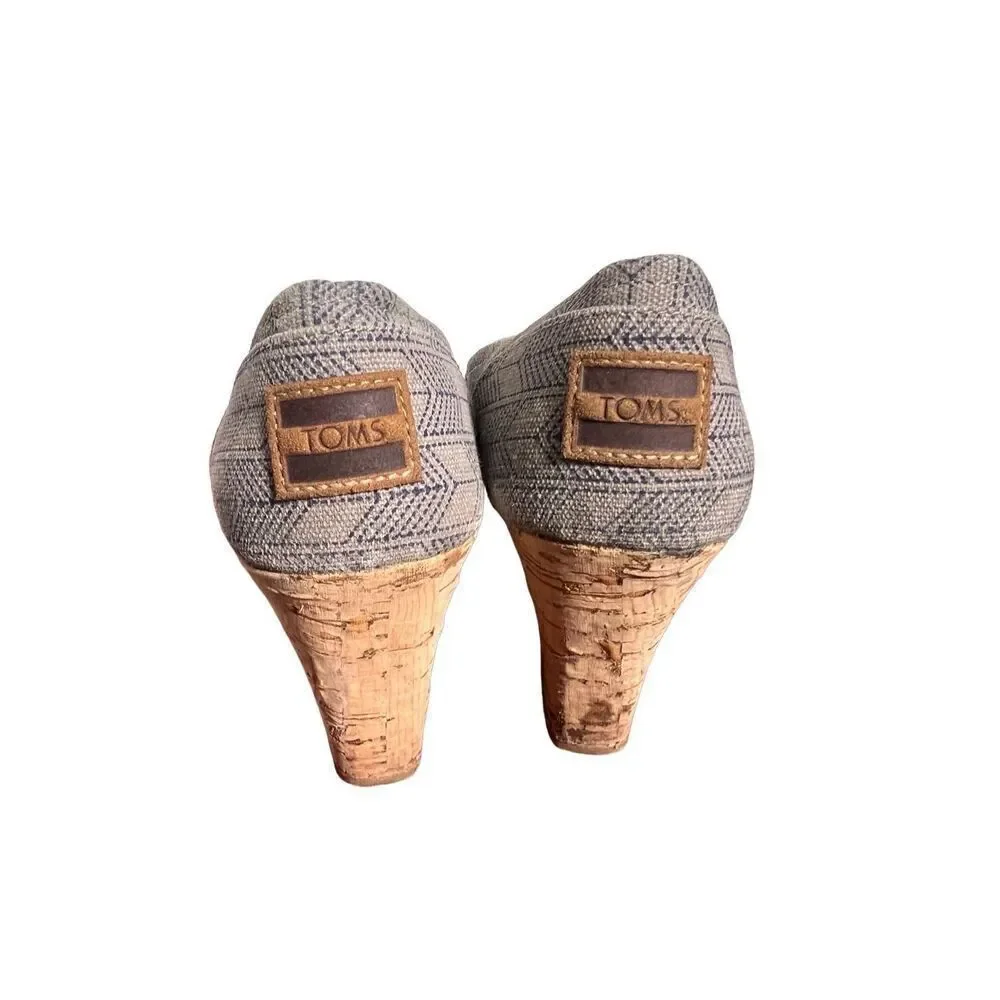 Toms Espadrille Peep Toe Grey Canvas Cork Wedge Size 8.5